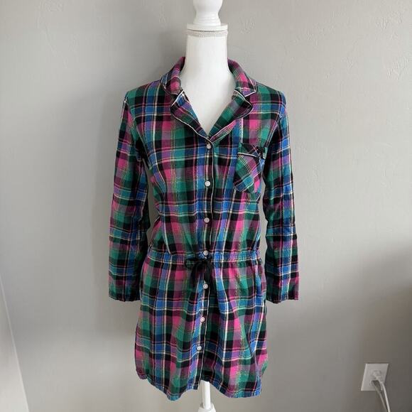 Victoria's Secret Other - VICTORIA'S SECRET Pink Plaid Drawstring Lounge Pajama Sleep Shirt Flannel Size M